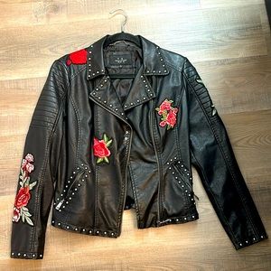 Coalition leather biker jacket with floral and metal details